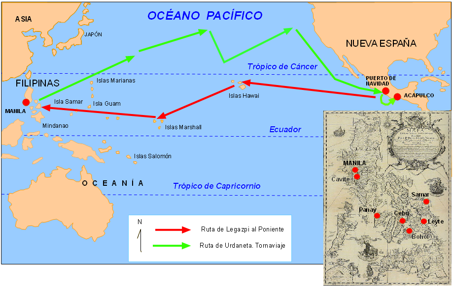 Imagen: Rutas de Legazpi y Urdaneta. Elaboración propia. Fuente Mapa de Filipinas. Pedro Burillo Velarde (1734)